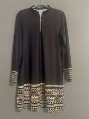 Acegolfs Black White Patterned Hem Long Sleeve UPF 50+ Zip Neck Dress Sz L